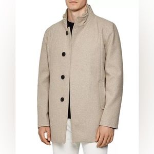Reiss Angelo Men’s Wool-Blend Mid-Length Coat, XXL Oatmeal. Funnel Collar.